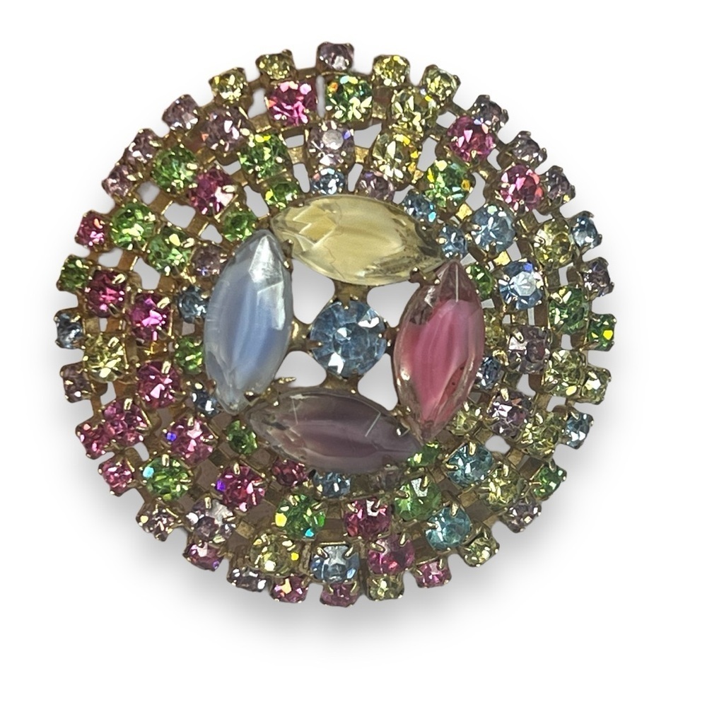 Vintage Pastel Rhinestone Round Pin Brooch